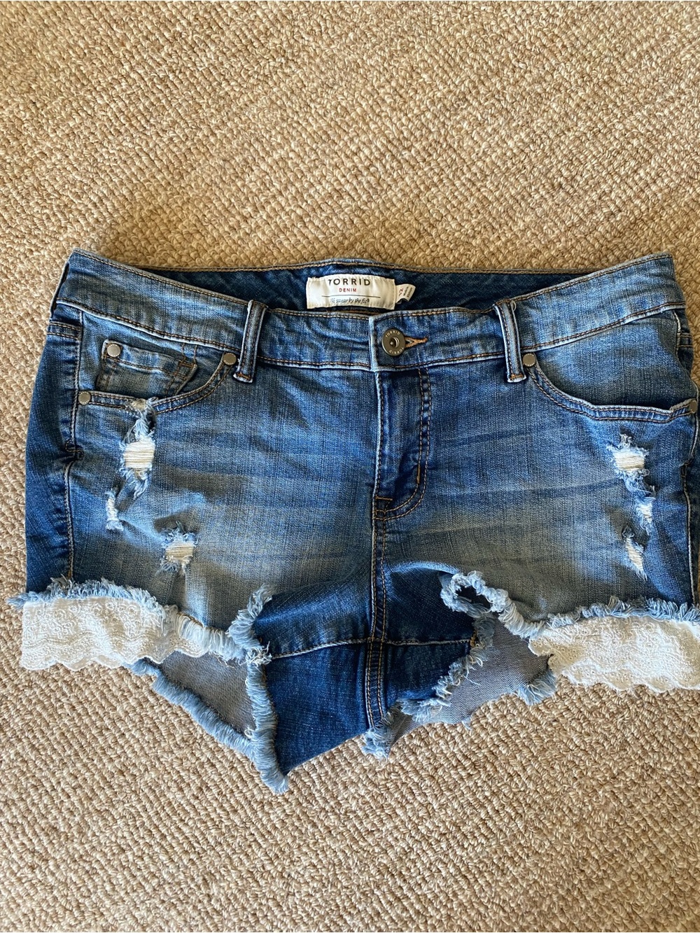 torrid Blue Distressed Denim Shorts with Eyelet Lace Trim